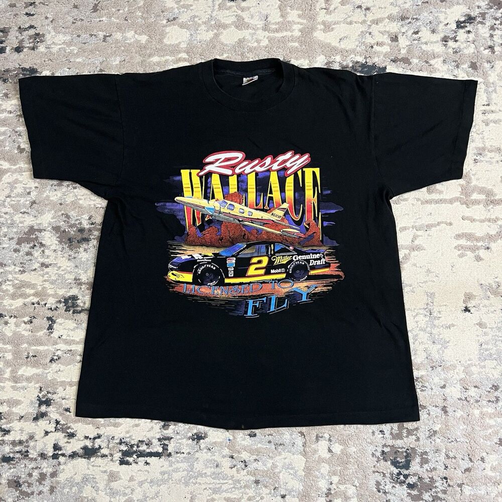 Vtg Fruit Of The Loom NASCAR T-Shirt XL Rusty Wallace Licensed To Fly 90s Stitch
